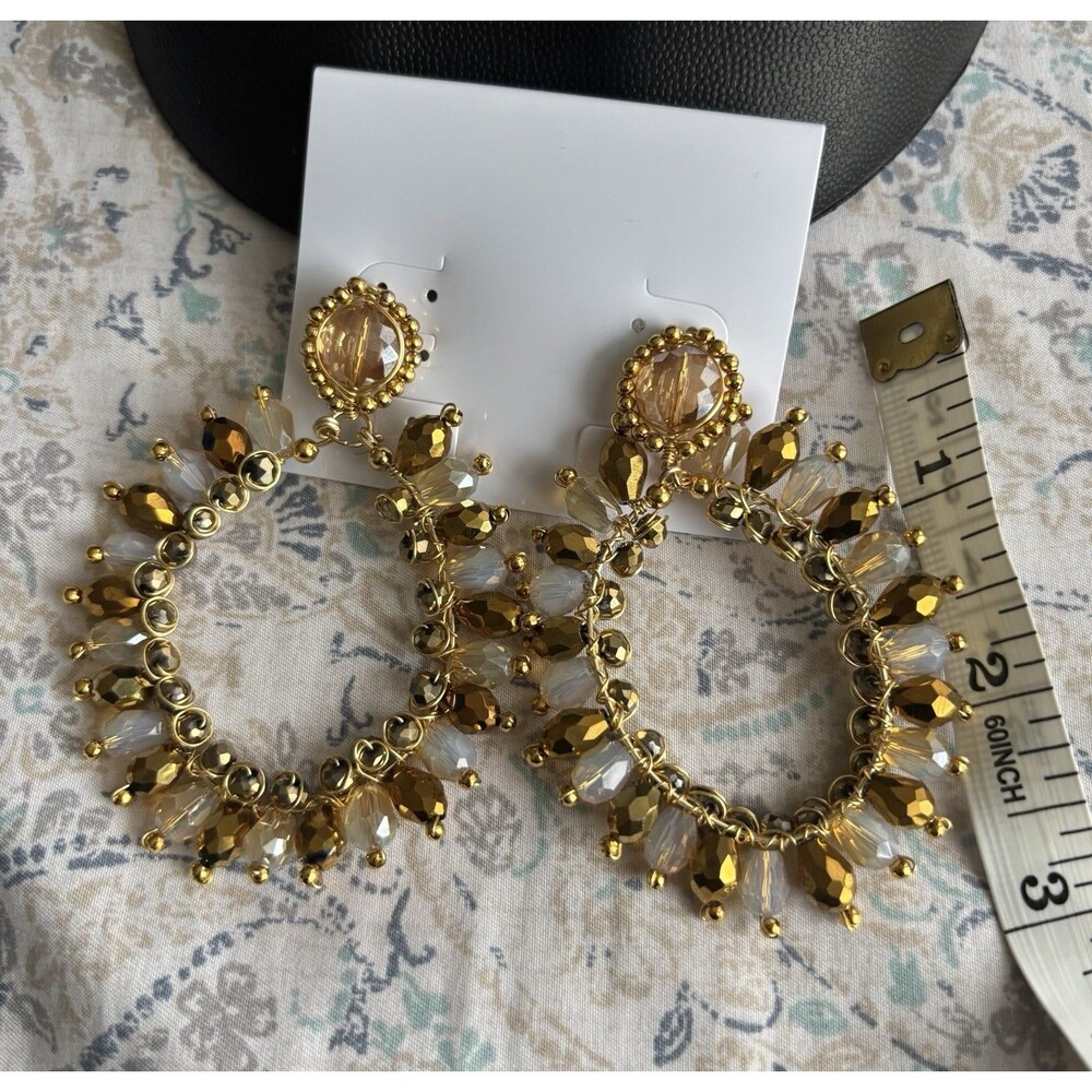 Gold Tone Women Metal Rhinestone Large Crystal Warm Toned Chandelier Earrings